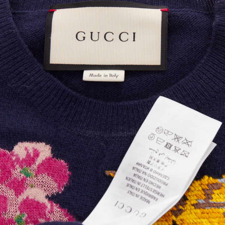 GUCCI 2017navy wool Floral  Bee needlepoint embroidery sweater XS