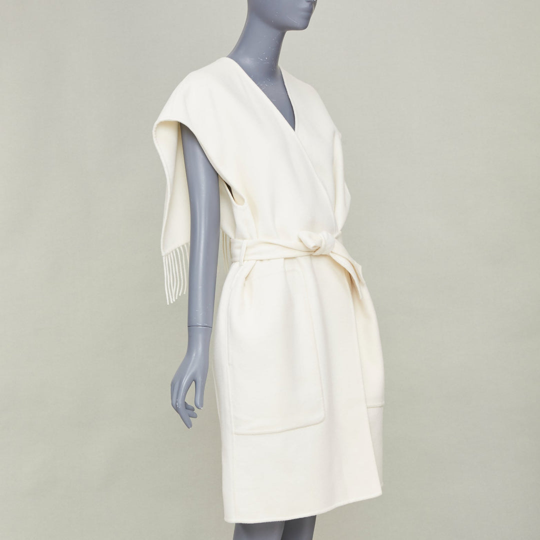 ERMES ivory 100% double face cashmere open cap sleeve belted robe coat FR36 S
