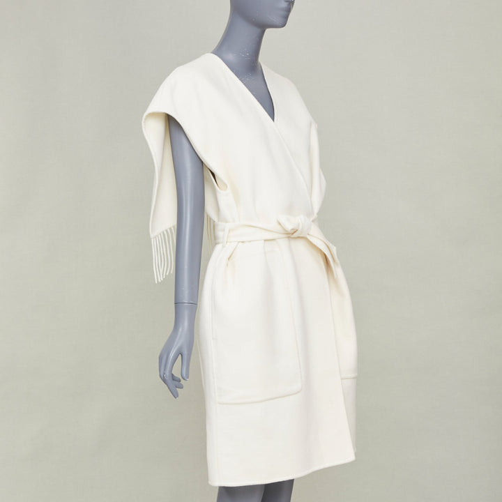 ERMES ivory 100% double face cashmere open cap sleeve belted robe coat FR36 S
