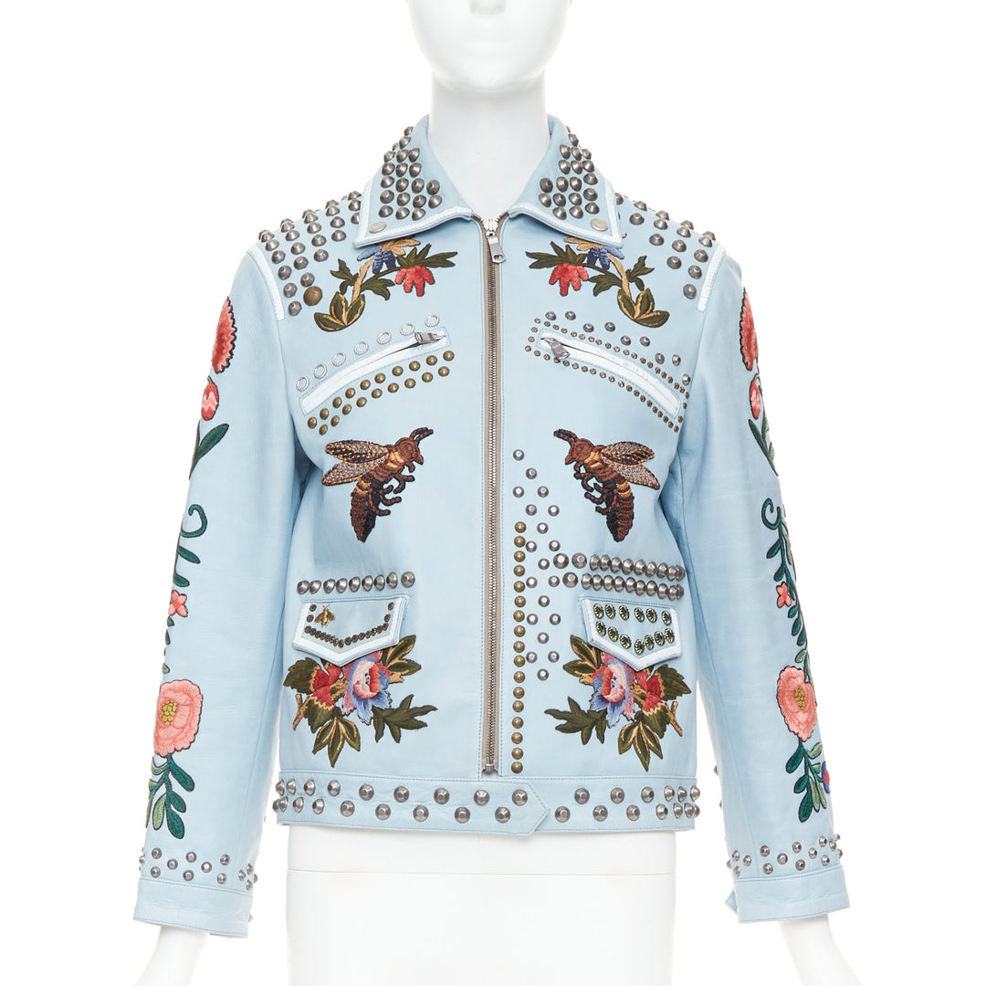 GUCCI Michele 2016 Runway blue bee floral embroidery studded jacket IT38 XS