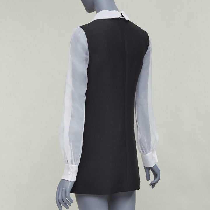 VALENTINO 2022 Crepe Couture black white wool silk ruffle bib neck dress IT38 XS