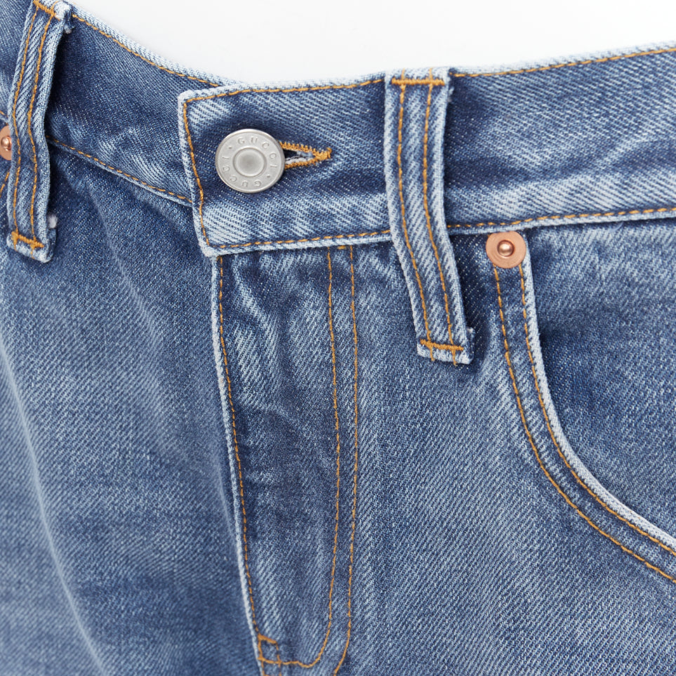 GUCCI Alessandro Michele blue washed cotton red logo patch flared jeans 28"