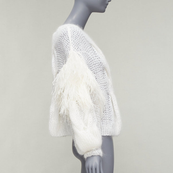 LOEWE white ostrich feather trim mohair loose cable knit jumper XS