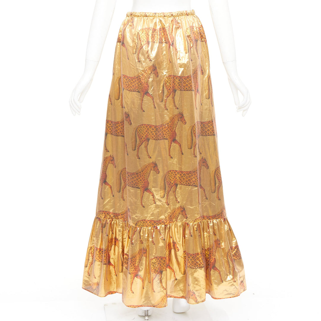 GUCCI 2016 horse metallic gold lurex cheetah animal ruffle maxi skirt IT38 XS