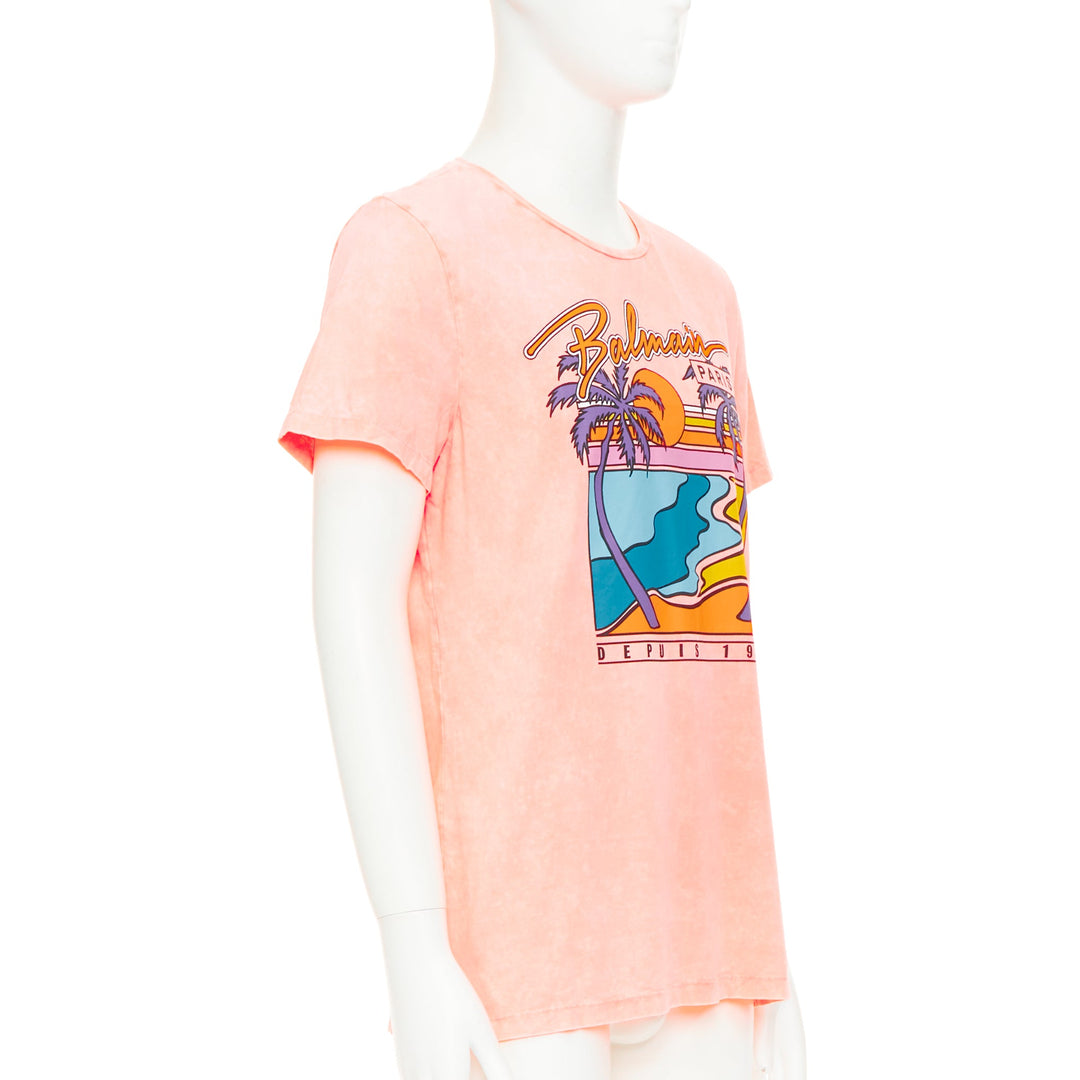 BALMAIN pink washed cotton jersey retro beach sunset graphic logo t-shirt L