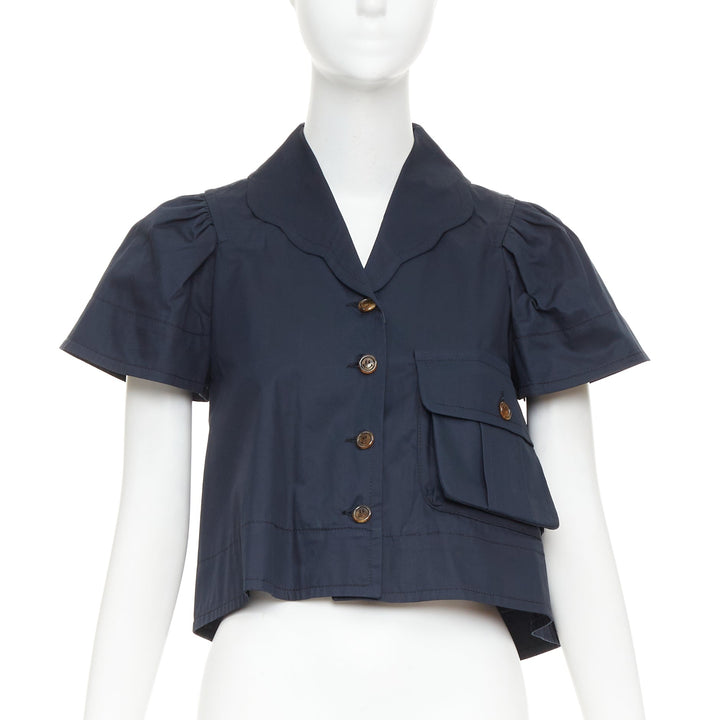 CHARLES ANASTASE 10 CORSO COMO navy smiley button flared crop top shirt FR36 S