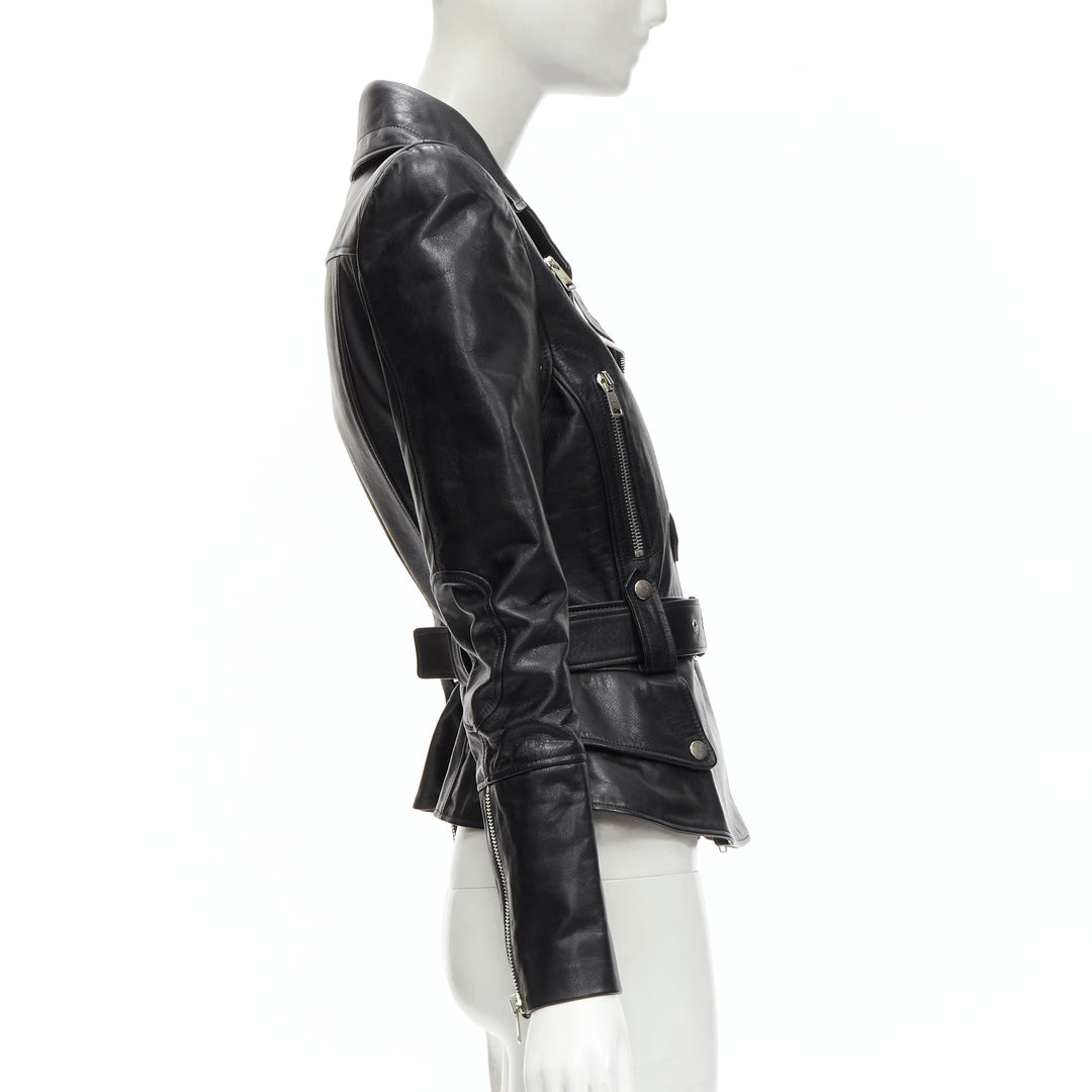 ALEXANDER MCQUEEN 2010 black leather belted peplum biker jacket IT38 XS