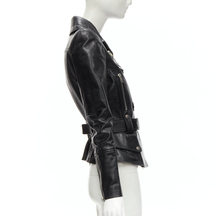 ALEXANDER MCQUEEN 2010 black leather belted peplum biker jacket IT38 XS