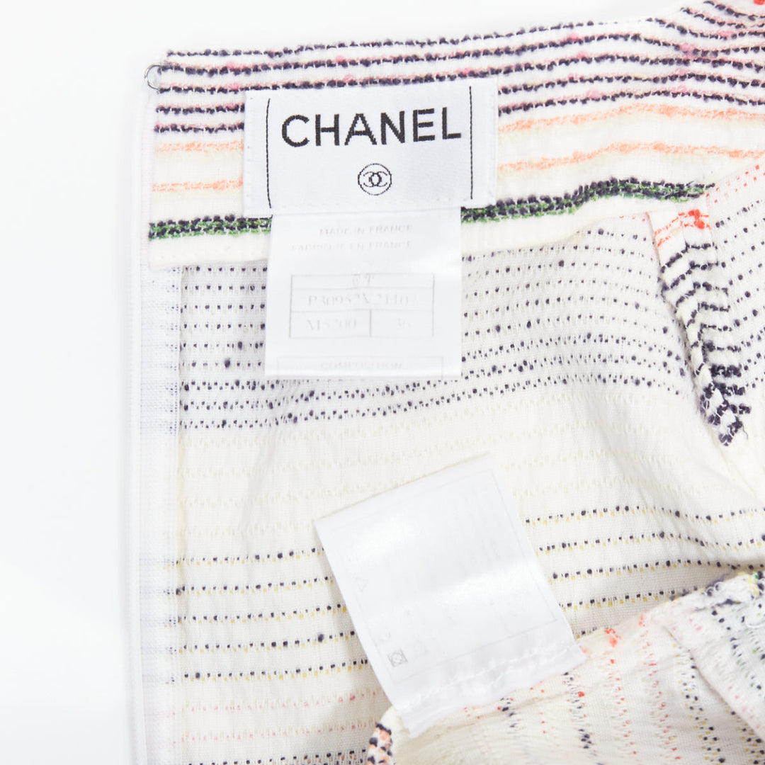 CHANEL 07A Runway white multicolor tweed chain trimmed sleeve dress FR36 S