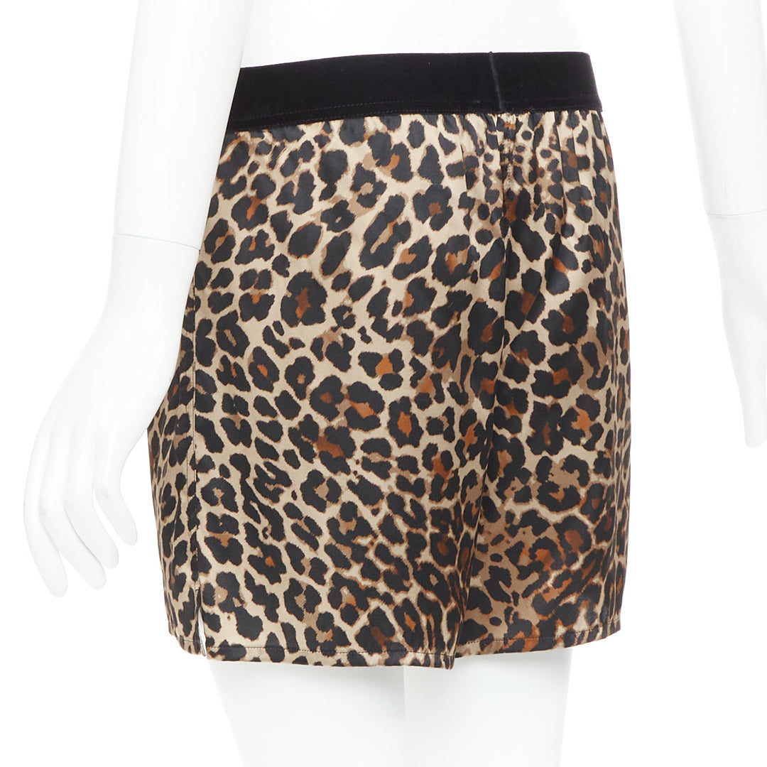 TOM FORD brown silk satin leopard print TF logo velvet trim shorts XS