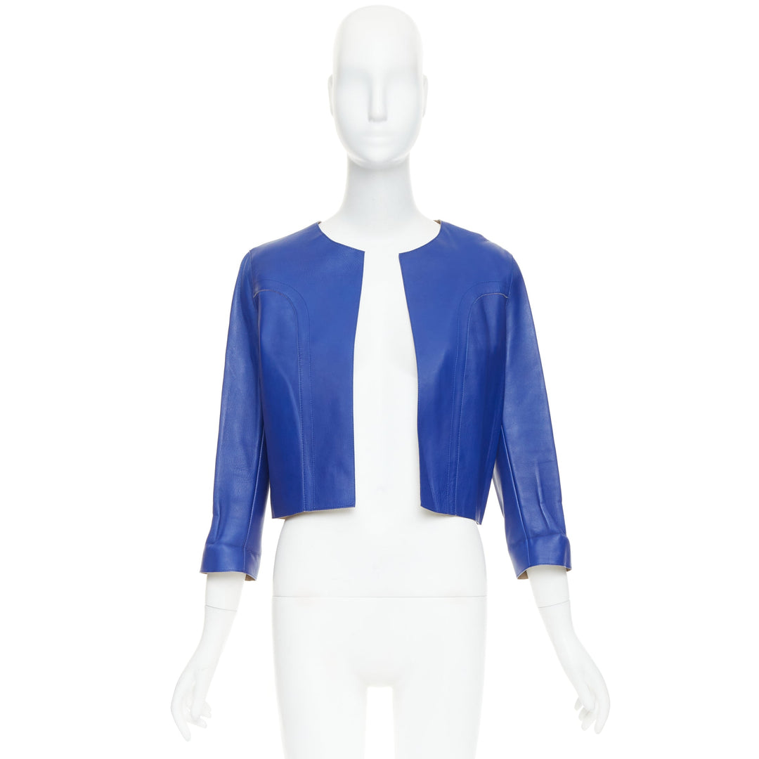 MARNI cobalt blue beige lined lamb leather rounded sleeve cropped jacket IT38 XS