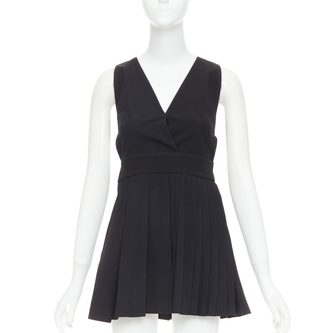 FAUSTO PUGLISI black crepe multi pleated cut out V neck mini dress IT38 XS