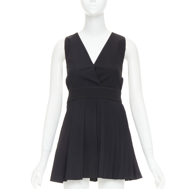 FAUSTO PUGLISI black crepe multi pleated cut out V neck mini dress IT38 XS