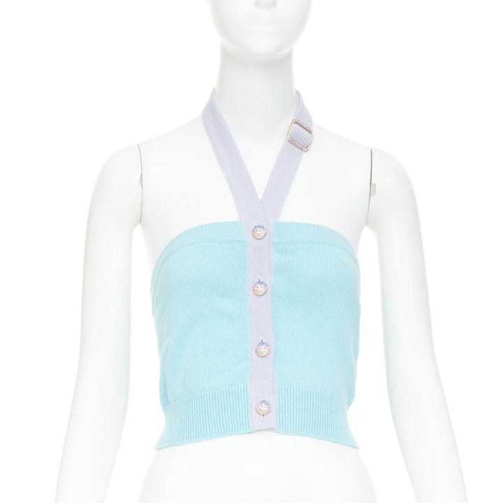 CHANEL 23P Runway blue purple CC buton cashmere buckle halter top FR34 XS