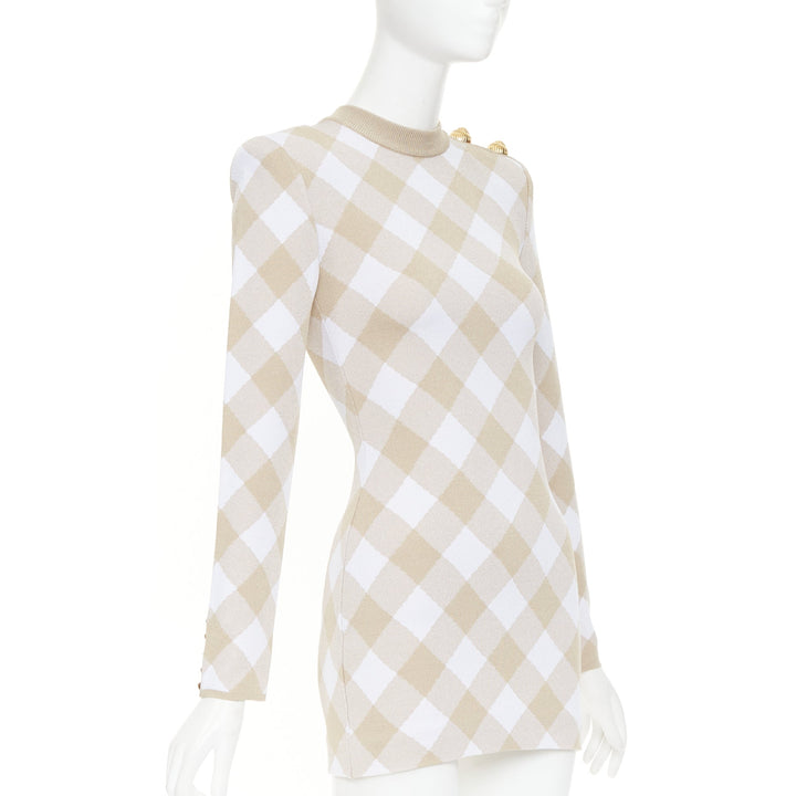 BALMAIN Vichy nude white gingham checkered dress gold buttons dress FR34 XS