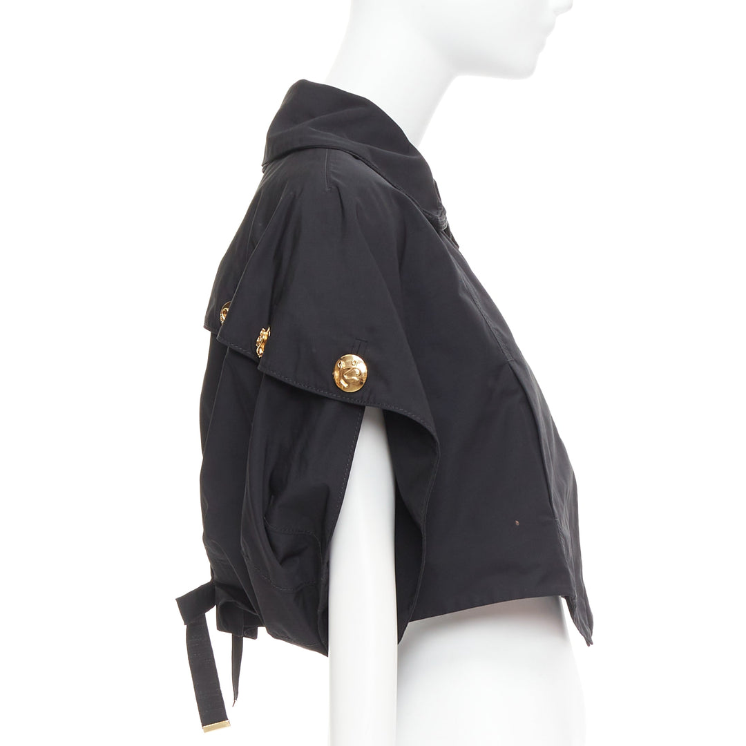 LOUIS VUITTON black georgette gold italic LV buttons cropped jacket FR34 XS