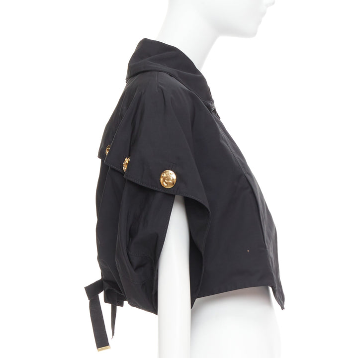 LOUIS VUITTON black georgette gold italic LV buttons cropped jacket FR34 XS