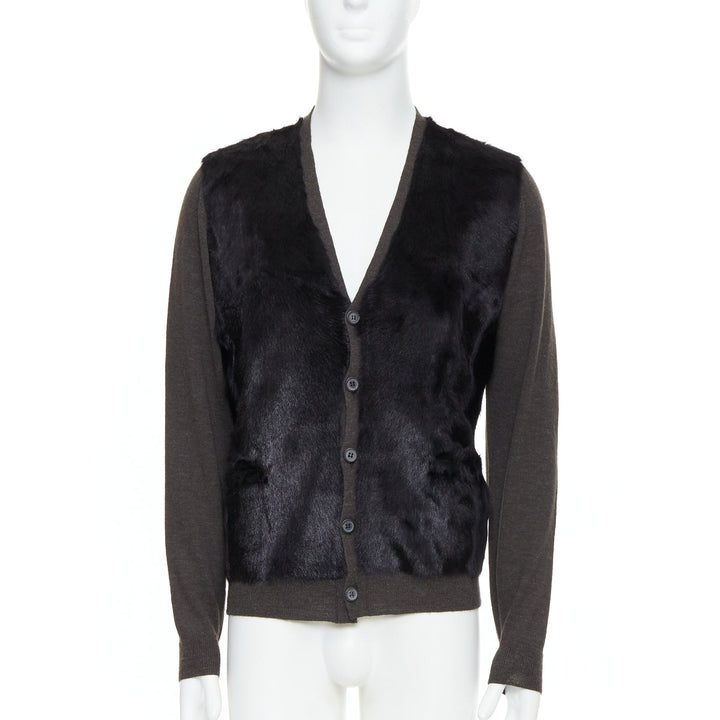 LANVIN black brown 100% alpaca fur front panel cardigan jacket M