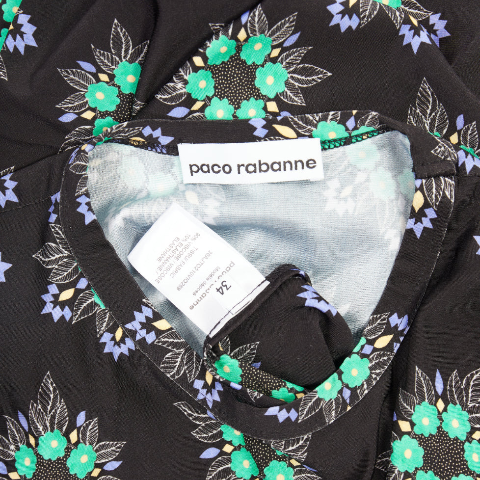 PACO RABANNE Geometric Floral asymmetric ring drape cap sleeve top FR34 XS