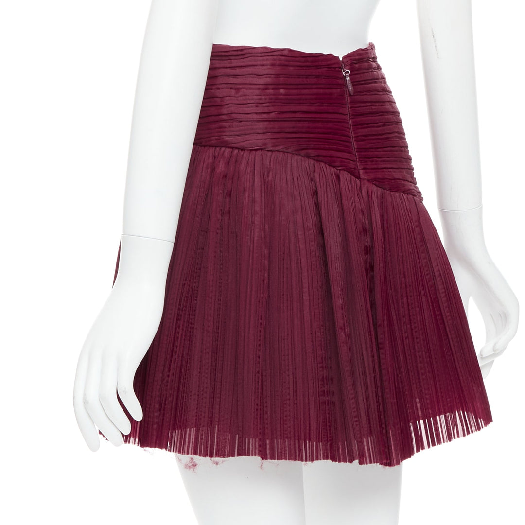 AJE Laurier Wave burgundy plisse organza high waist mini skirt UK6 XS