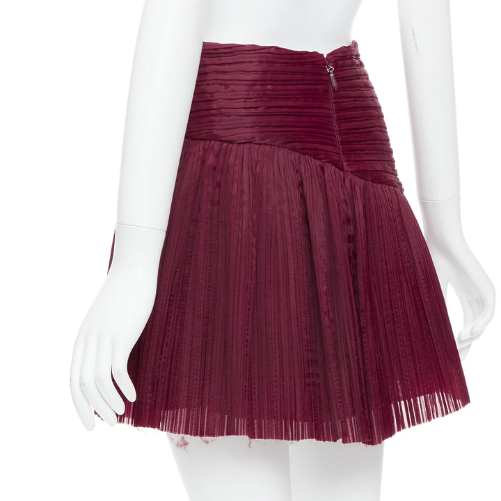 AJE Laurier Wave burgundy plisse organza high waist mini skirt UK6 XS
