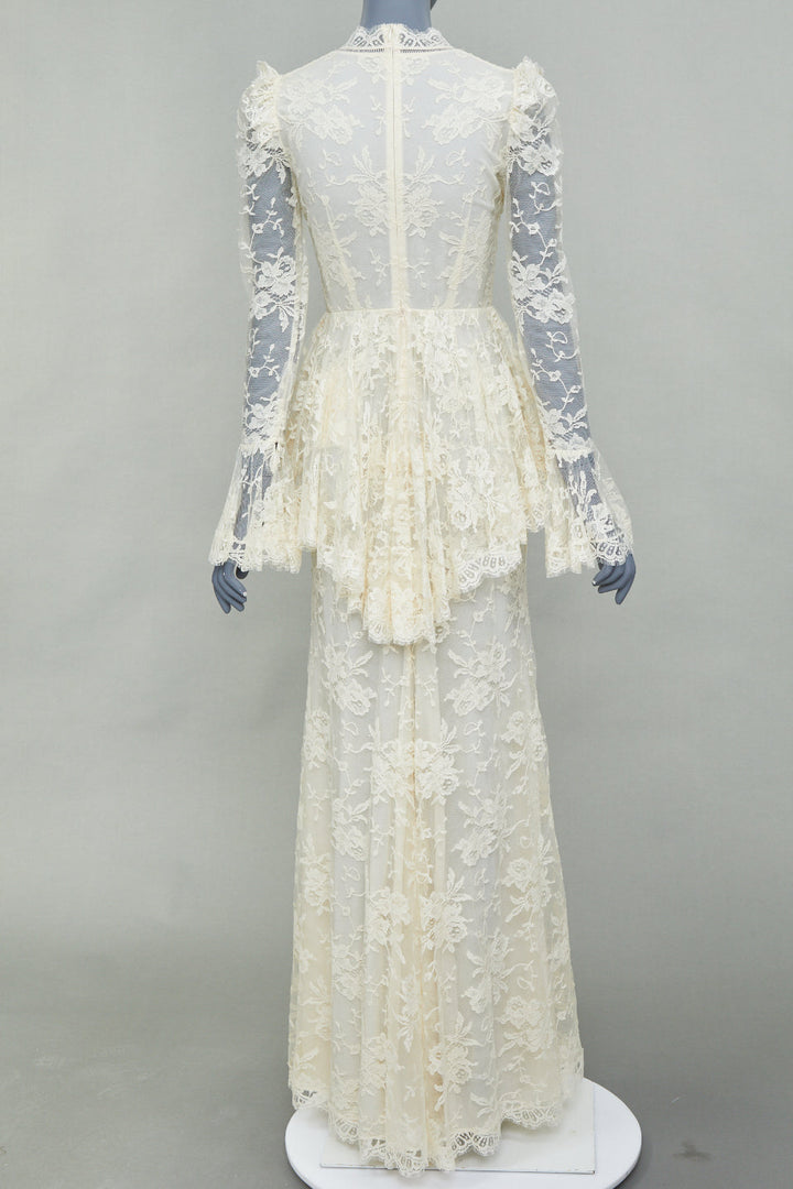 rare ALEXANDER MCQUEEN 2019 Bridal ivory floral lace peplum maxi gown IT40 S