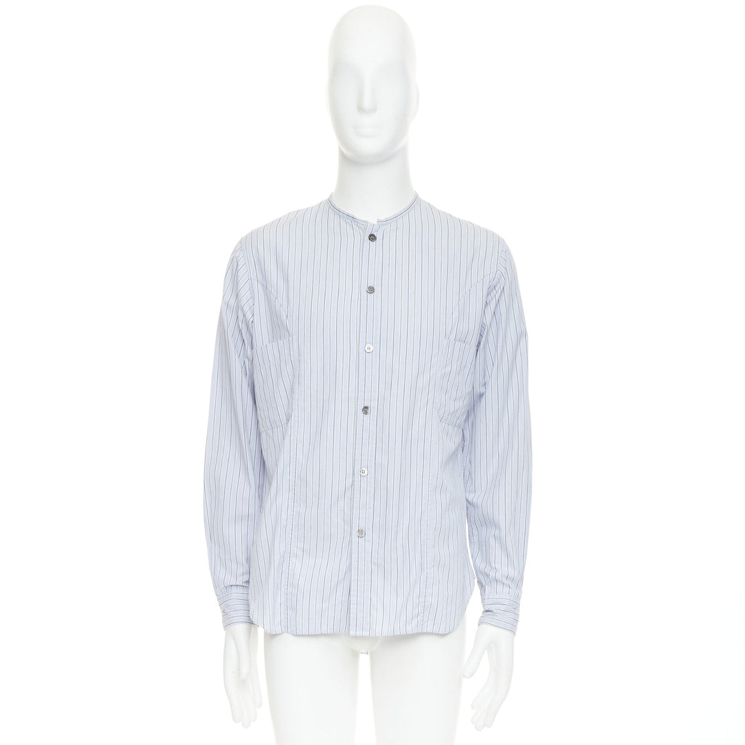 YOHJI YAMAMOTO HOMME light blue grey striped collarless button up shirt JP2 M