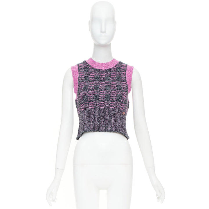 CHANEL 2022 Runway check cc plaque fuchsia trim cropped cashmere knit vest FR38