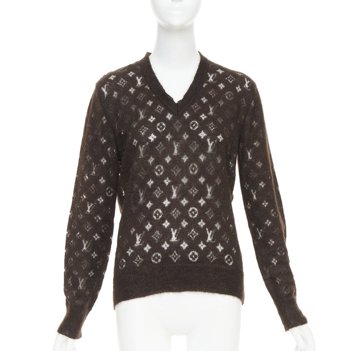LOUIS VUITTON brown mohair blend LV logo monogram sheer knit sweater XS