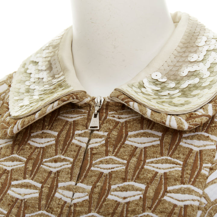 LOUIS VUITTON 2013 tan boucle tweed sequin fringe collar zip front dress FR40 L