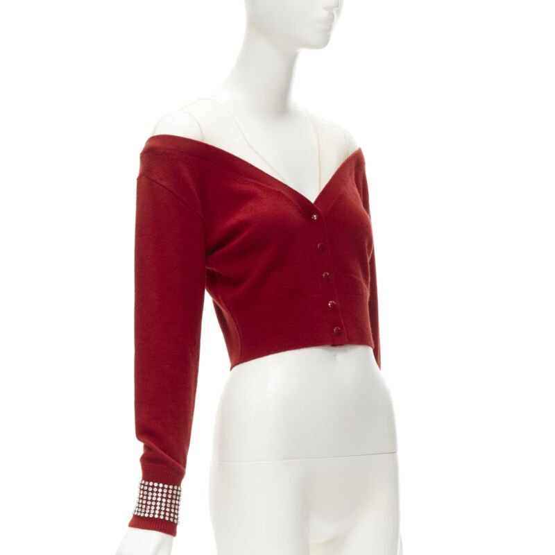 ALEXANDER WANG nude mesh red off shoulder crystal cuff cardigan S