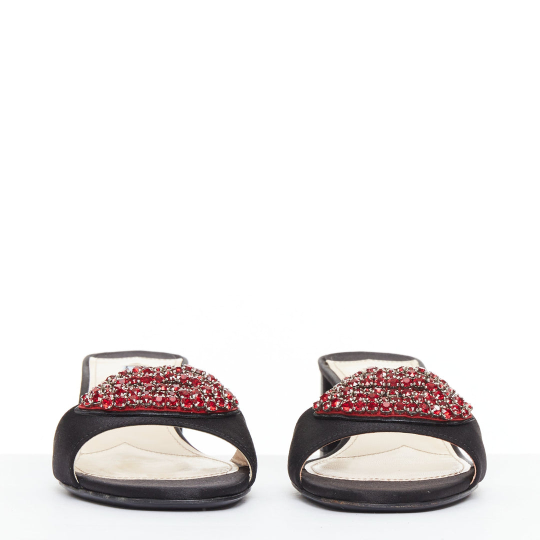 PRADA Special Edition red crystal lip black satin block heeled mules EU37.5