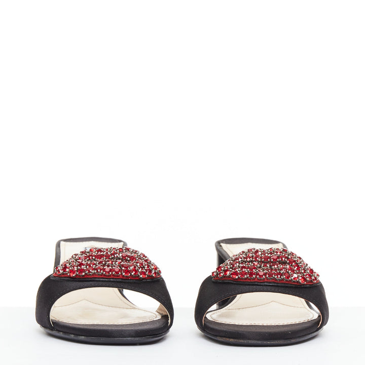 PRADA Special Edition red crystal lip black satin block heeled mules EU37.5