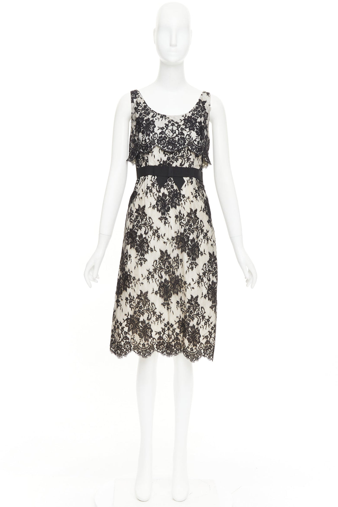 CHRISTIAN DIOR Vintage black floral lace pearl silk grosgrain bow dress FR36 S