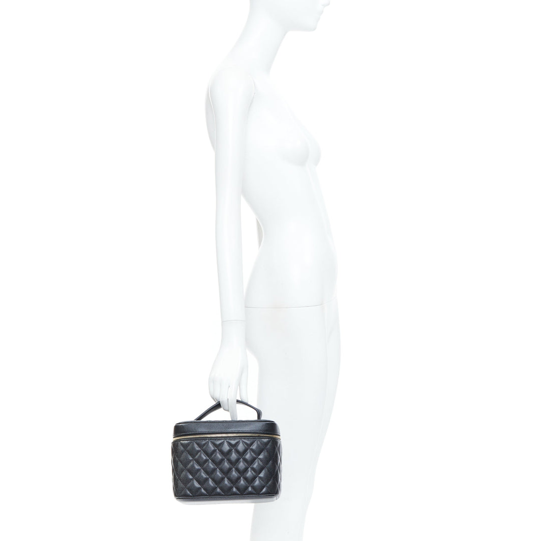 CHANEL black diamond quilted pebbled leather large top handle vanity case bag