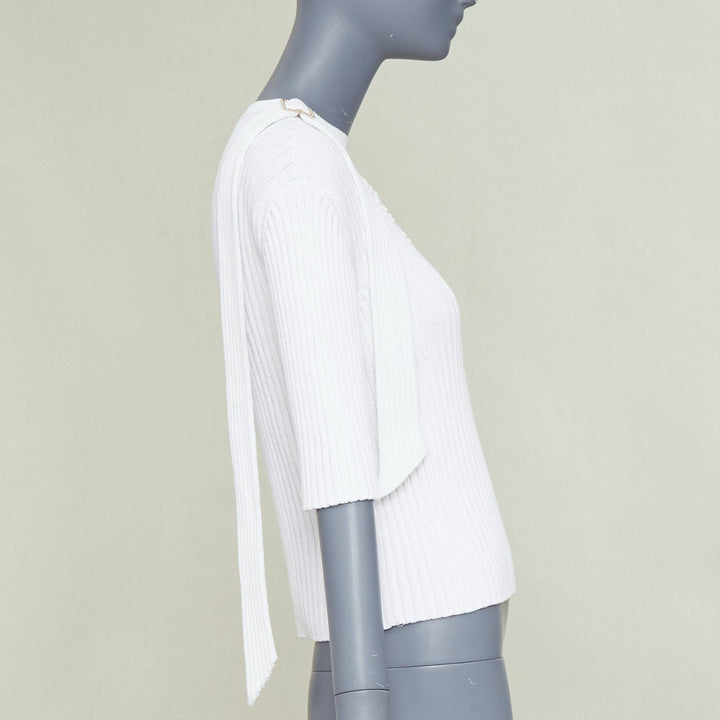 CHANEL white ribbed cotton knit CC logo buckle sash sweater FR36 S