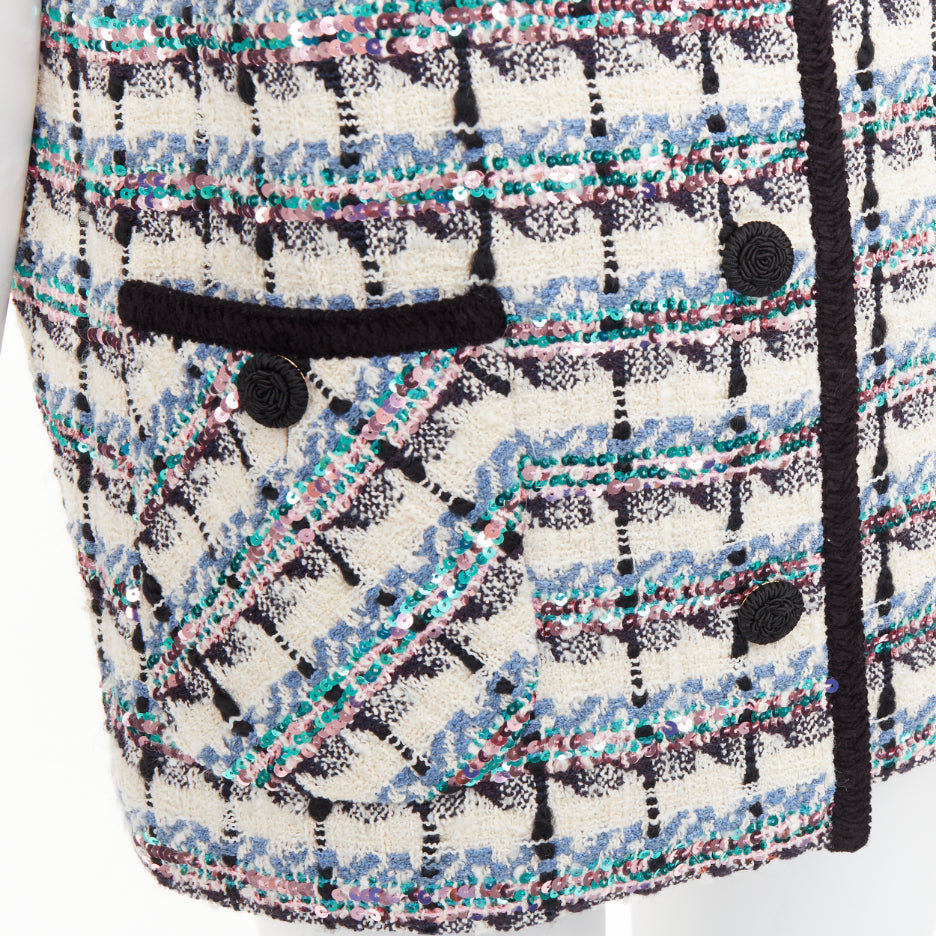 VALENTINO 2024 Mossi cream blue rose multicolour sequin tweed gilet vest  IT42 M