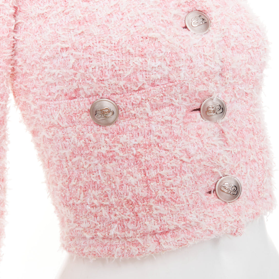 BALENCIAGA Demna 2024 pink cotton blend tweed BB logo cropped jacket XS