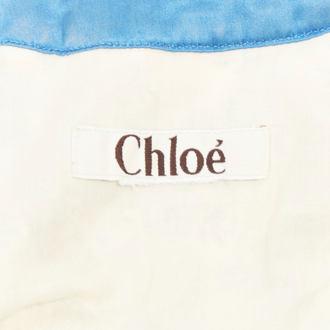 CHLOE Vintage blue cream gold studded floral harness detail open neck mini dress