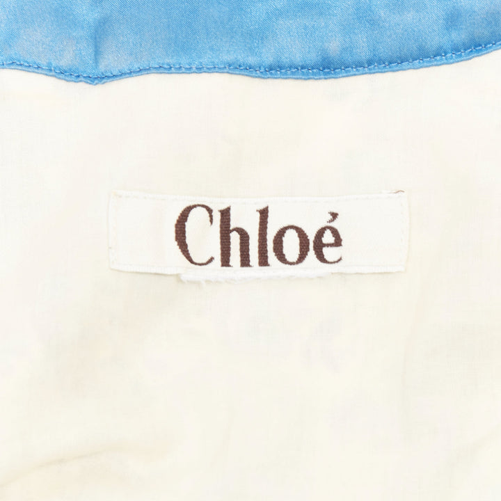 CHLOE Vintage blue cream gold studded floral harness detail open neck mini dress