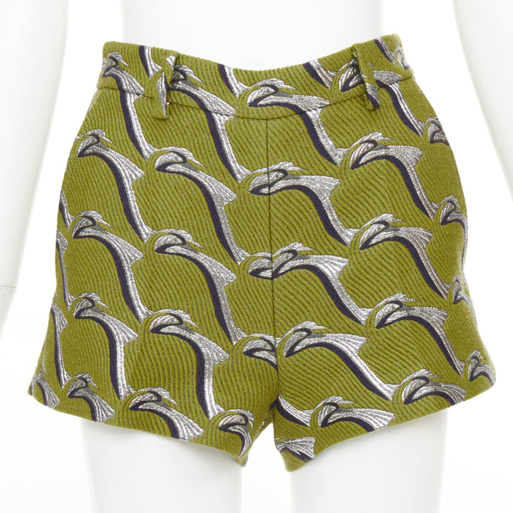 GUCCI 2024 Runway green grey Heron bird jacquard highwaist formal shorts IT38 XS