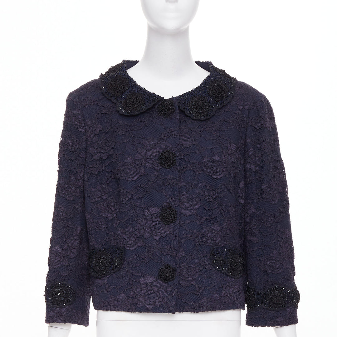 ESCADA Vintage navy lace floral bead embellished collar cropped jacket FR44 2XL
