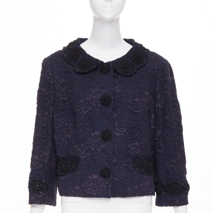 ESCADA Vintage navy lace floral bead embellished collar cropped jacket FR44 2XL