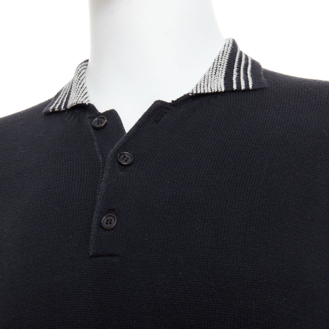 YOHJI YAMAMOTO black white cotton ribbed trim long sleeve polo shirt M