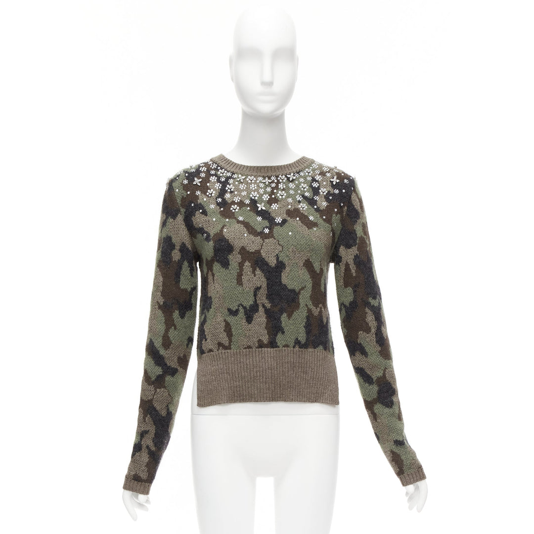 GIAMBATTISTA VALLI 2021 green camouflage mohair crystal jewel sweater IT42 S