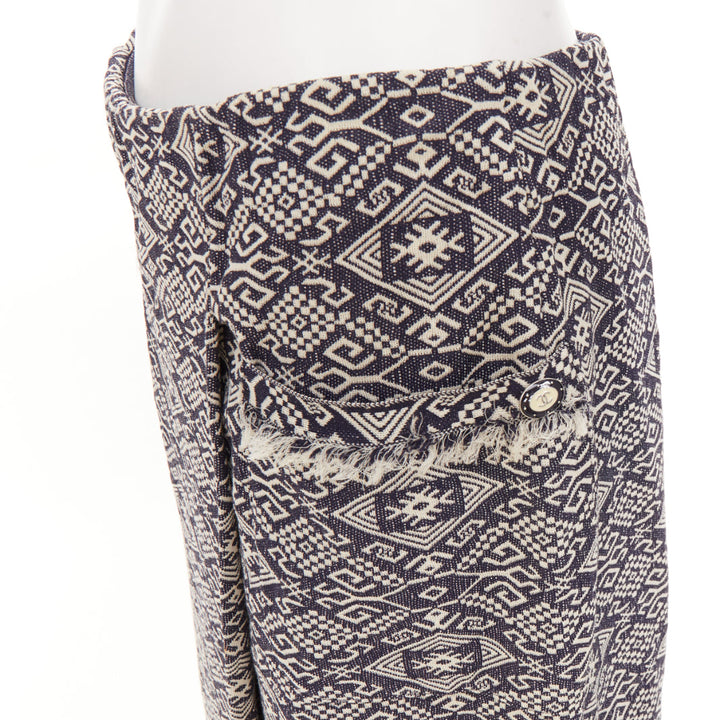 CHANEL 2014 blue cream CC geometric diamond jacquard frayed wrap skirt FR40 L