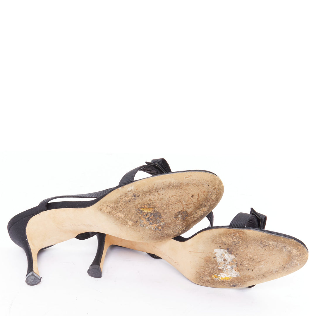 MANOLO BLAHNIK black grosgrain ribbon straps leather spool slipper heels EU37