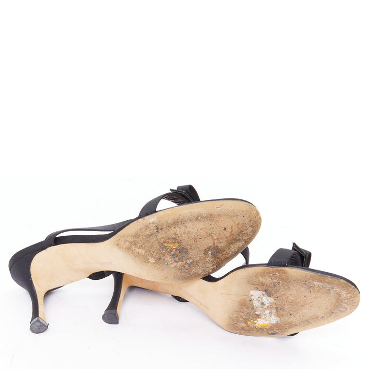 MANOLO BLAHNIK black grosgrain ribbon straps leather spool slipper heels EU37