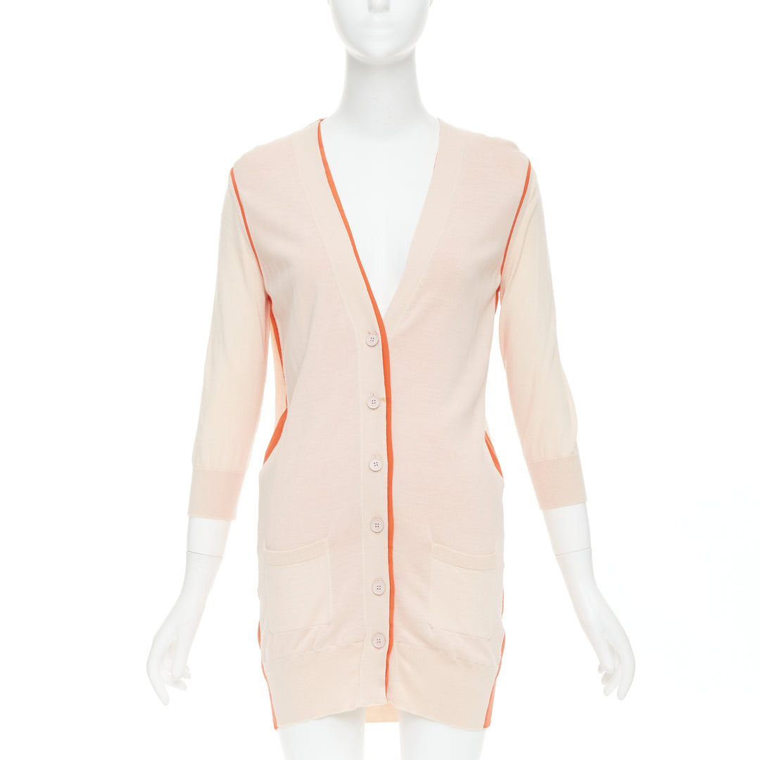 FENDI light pink orange 100% wool trimmed long cardigan IT40 S