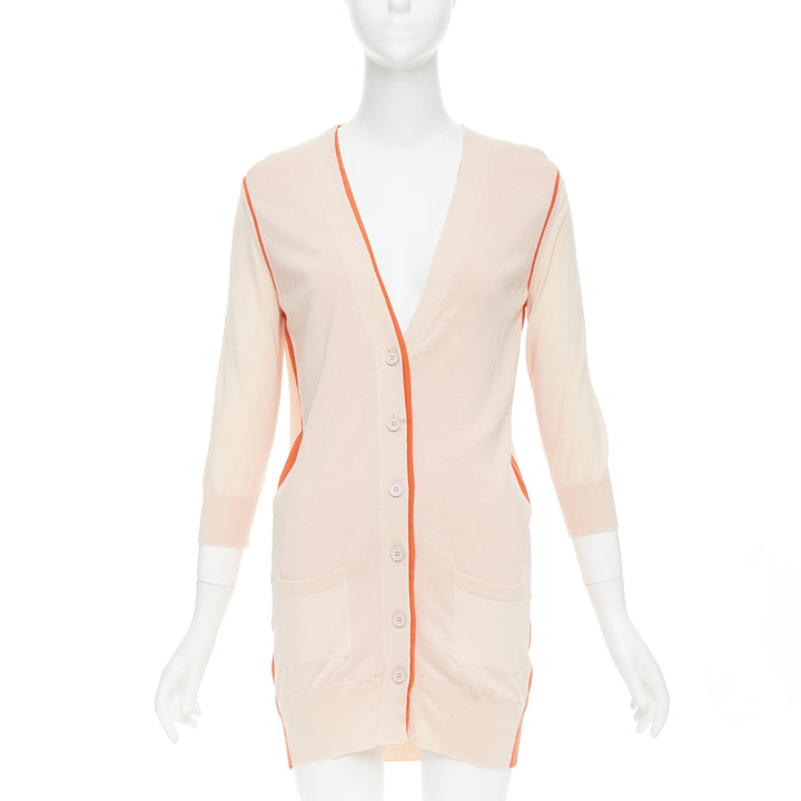 FENDI light pink orange 100% wool trimmed long cardigan IT40 S